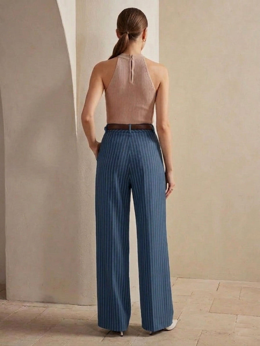Women's High-Waist Blue Striped Formal Trouser