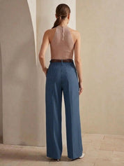 Women's High-Waist Blue Striped Formal Trouser