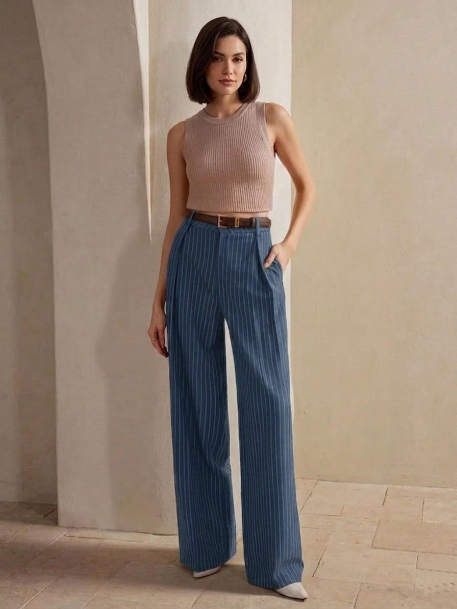 Women's High-Waist Blue Striped Formal Trouser