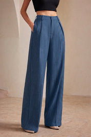 Women's High-Waist Blue Striped Formal Trouser