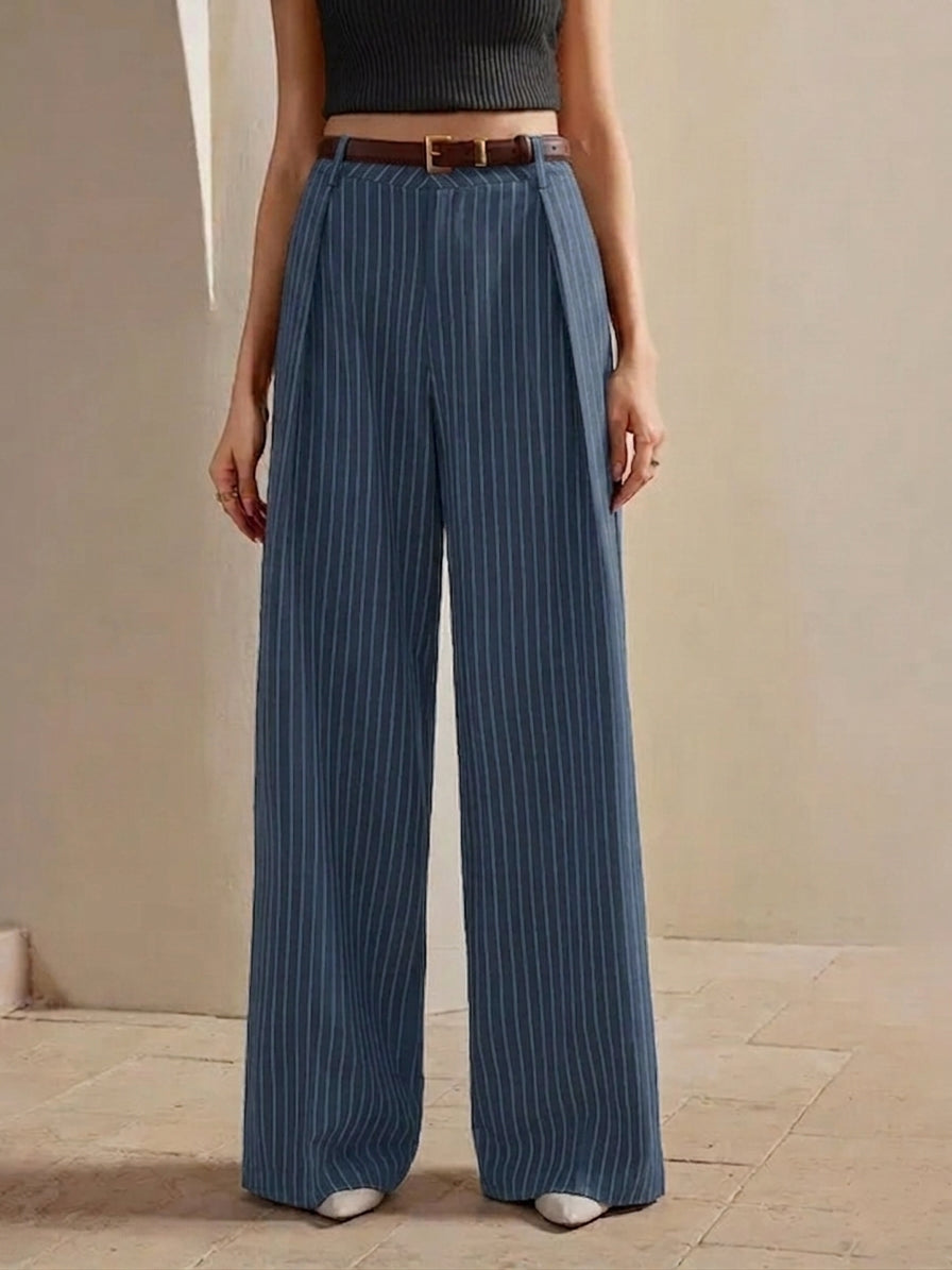Women's High-Waist Blue Striped Formal Trouser