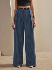 Women's High-Waist Blue Striped Formal Trouser