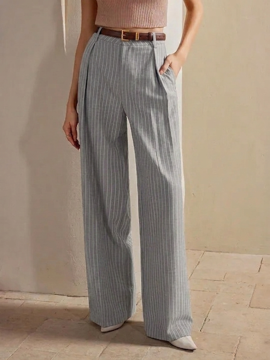 Women's High-Waist Dark Grey Striped Formal Trouser