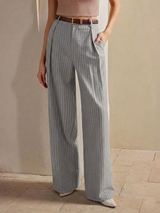 Women's High-Waist Dark Grey Striped Formal Trouser