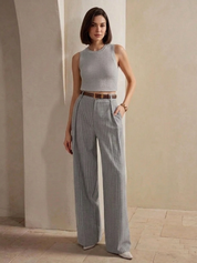 Women's High-Waist Dark Grey Striped Formal Trouser