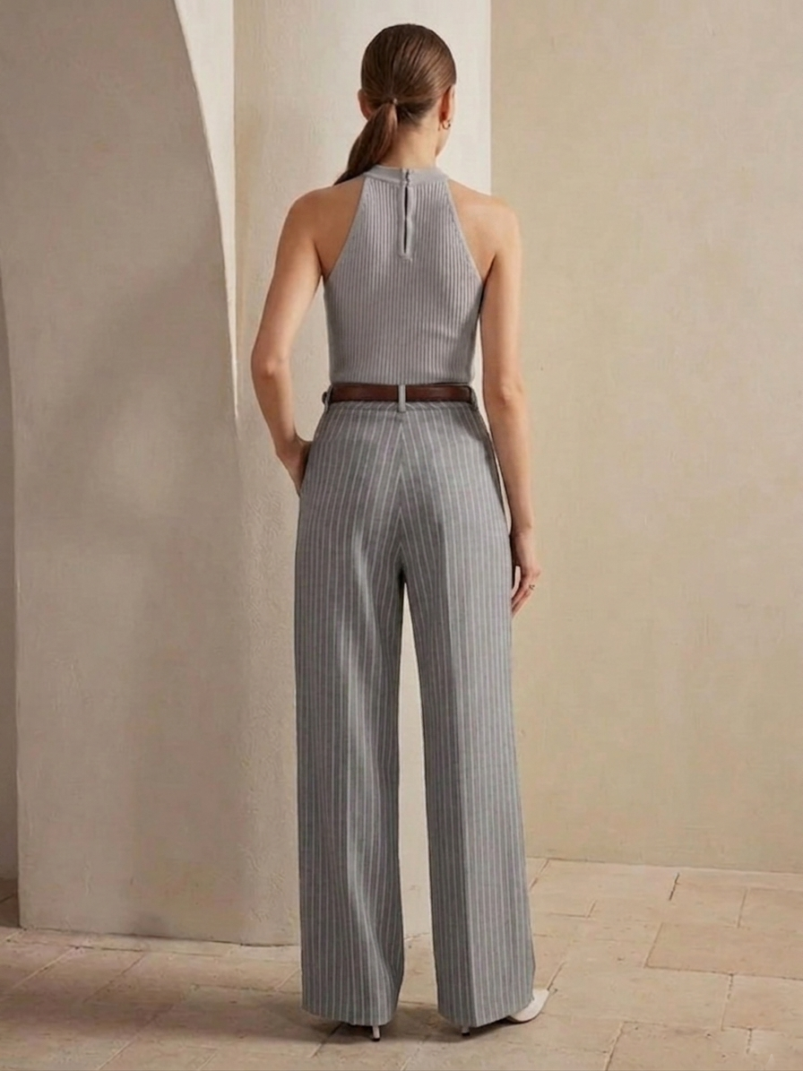 Women's High-Waist Dark Grey Striped Formal Trouser