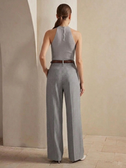 Women's High-Waist Dark Grey Striped Formal Trouser