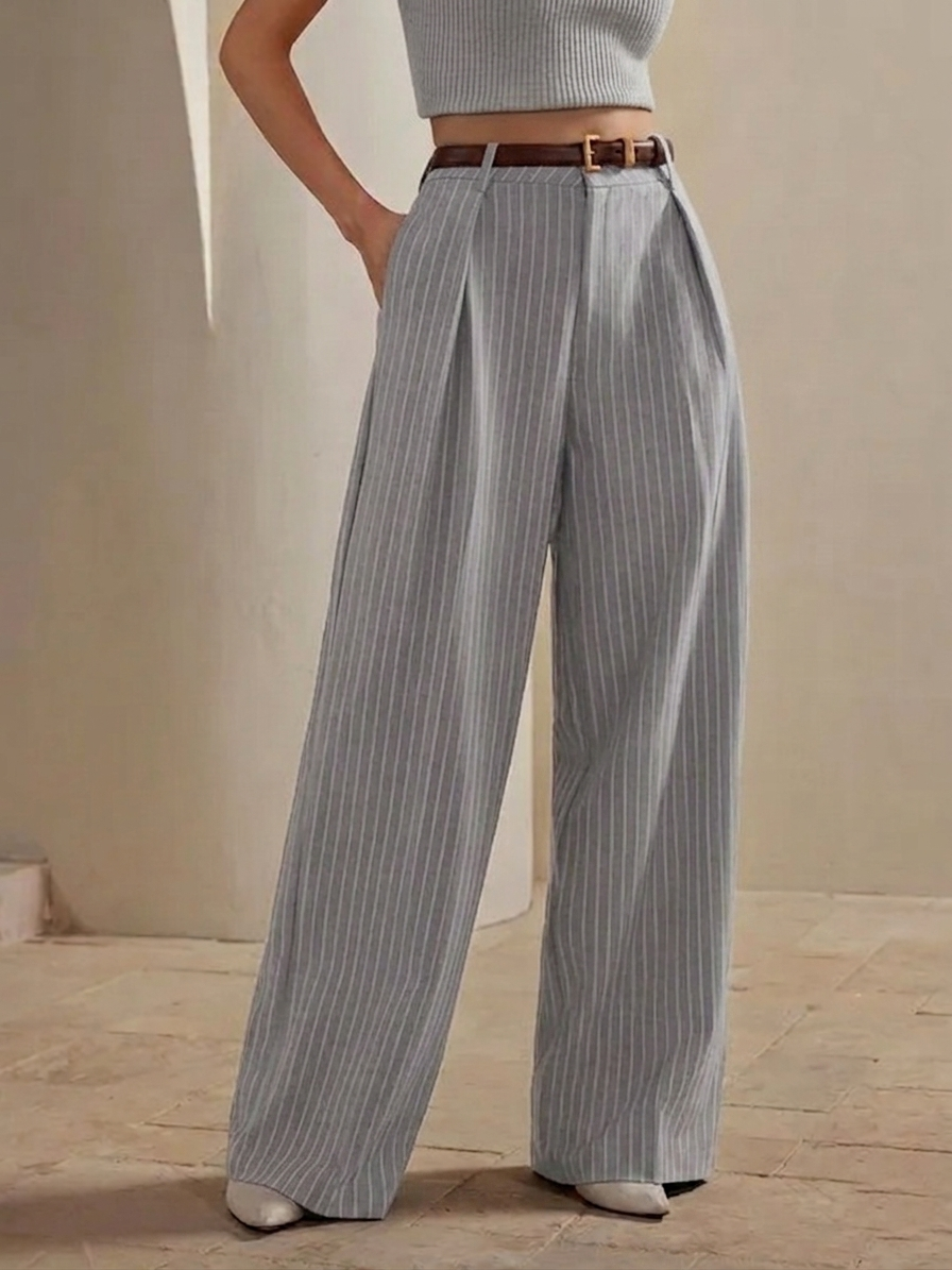 Women's High-Waist Dark Grey Striped Formal Trouser
