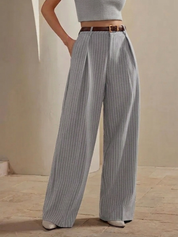 Women's High-Waist Dark Grey Striped Formal Trouser