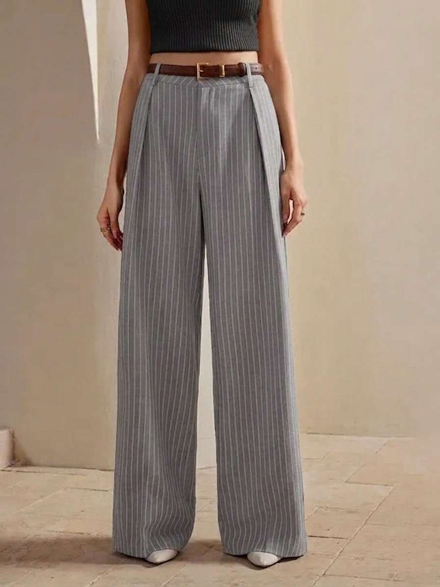 Women's High-Waist Dark Grey Striped Formal Trouser