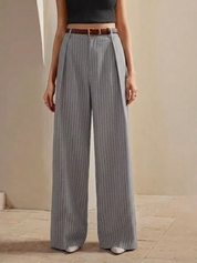 Women's High-Waist Dark Grey Striped Formal Trouser