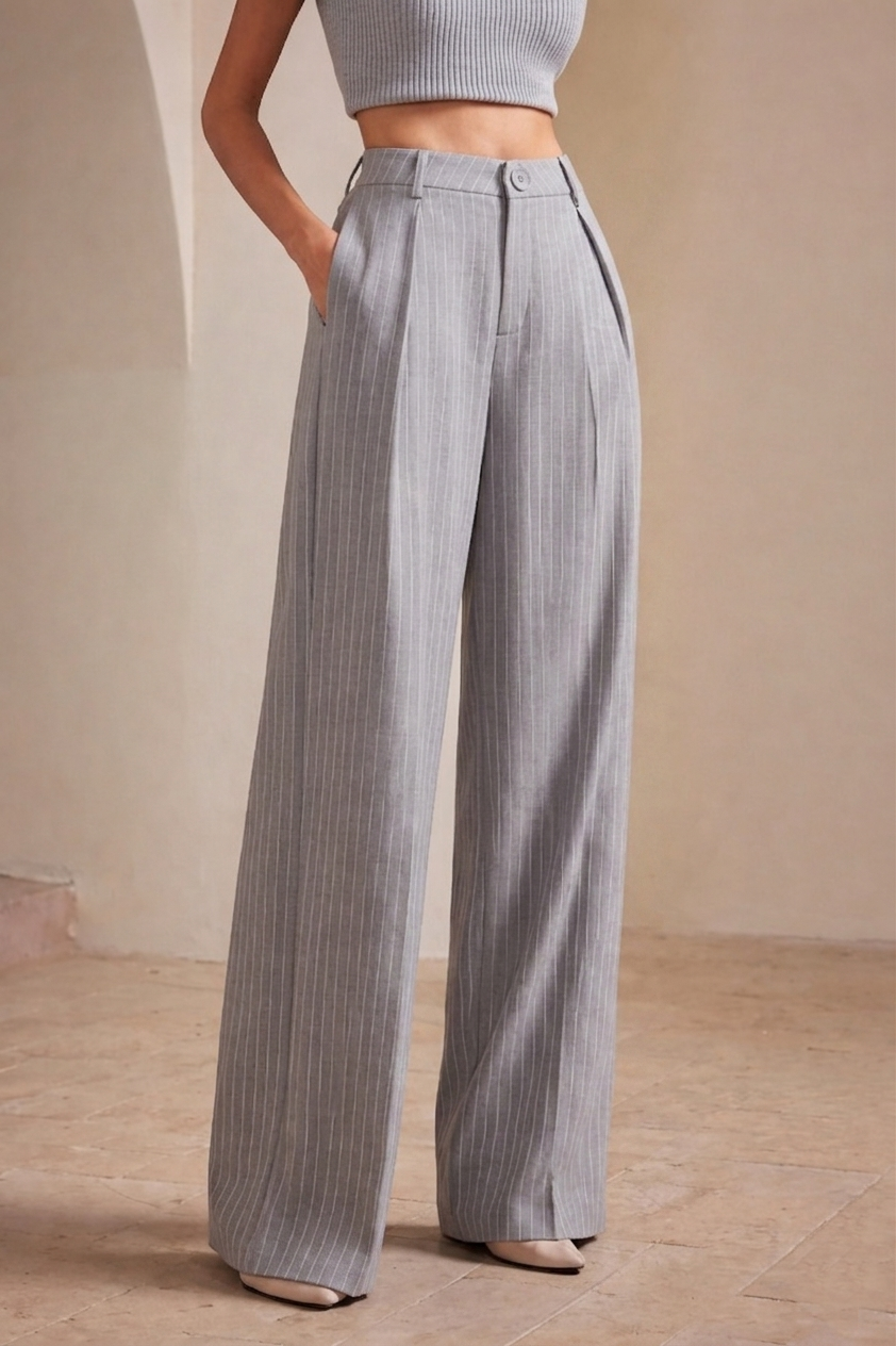 Women's High-Waist Dark Grey Striped Formal Trouser