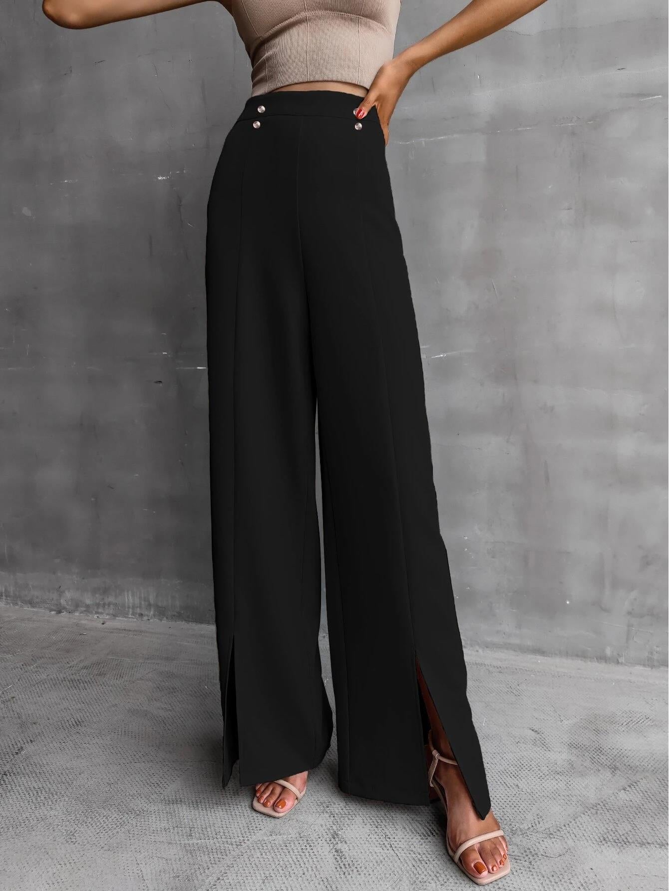 KOTTY Women Regular Length Jade Black Solid Trousers