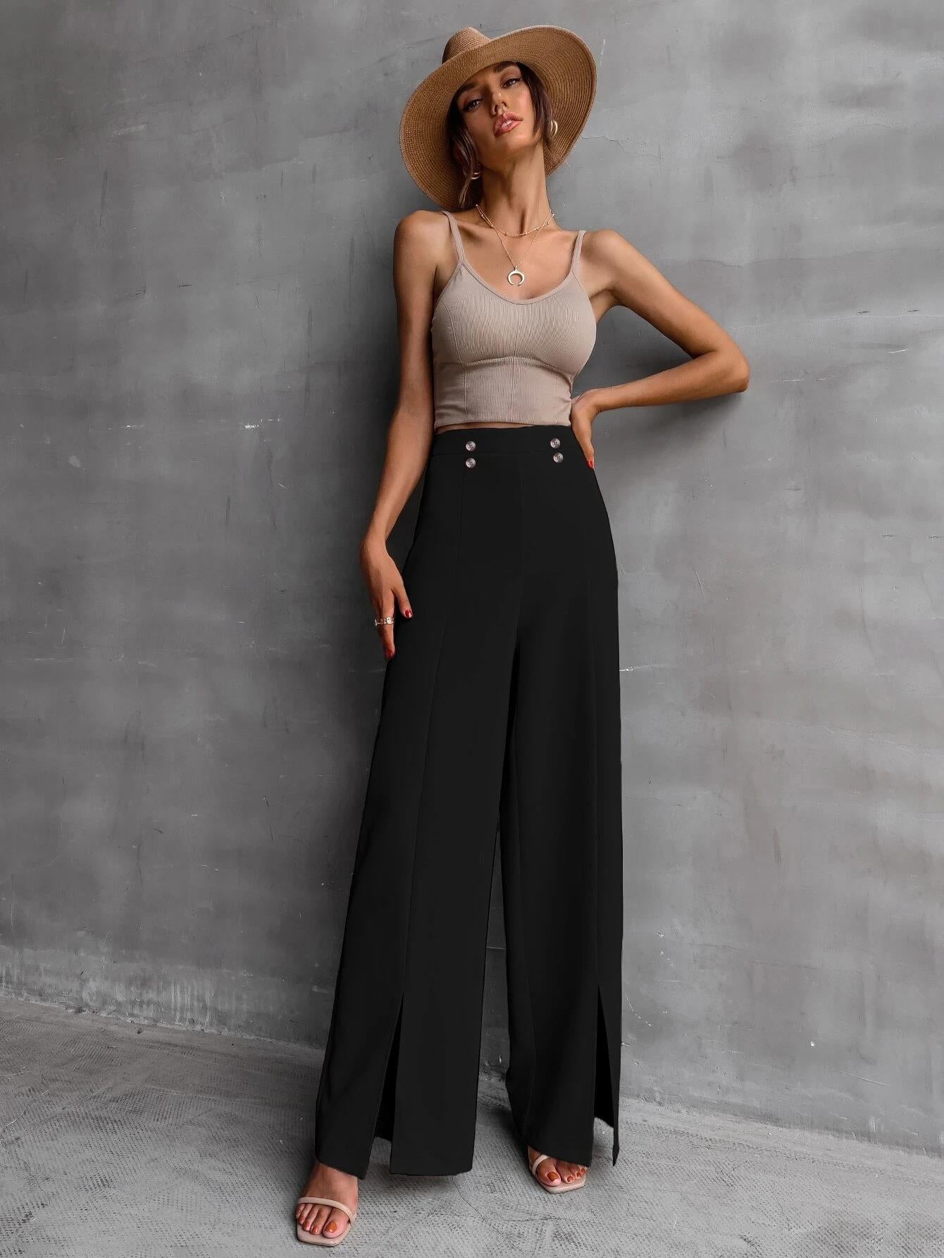 KOTTY Women Regular Length Jade Black Solid Trousers