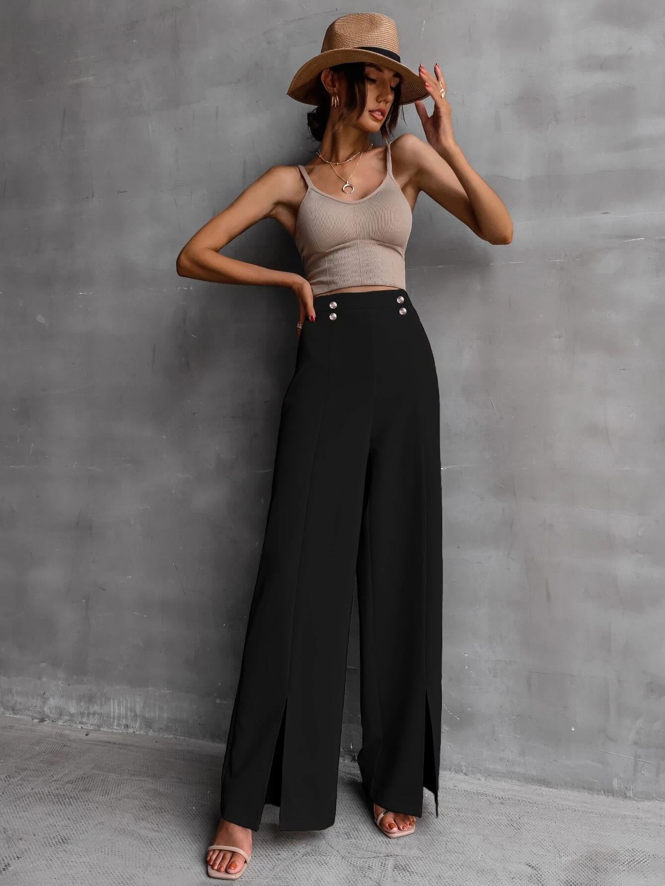 KOTTY Women Regular Length Jade Black Solid Trousers