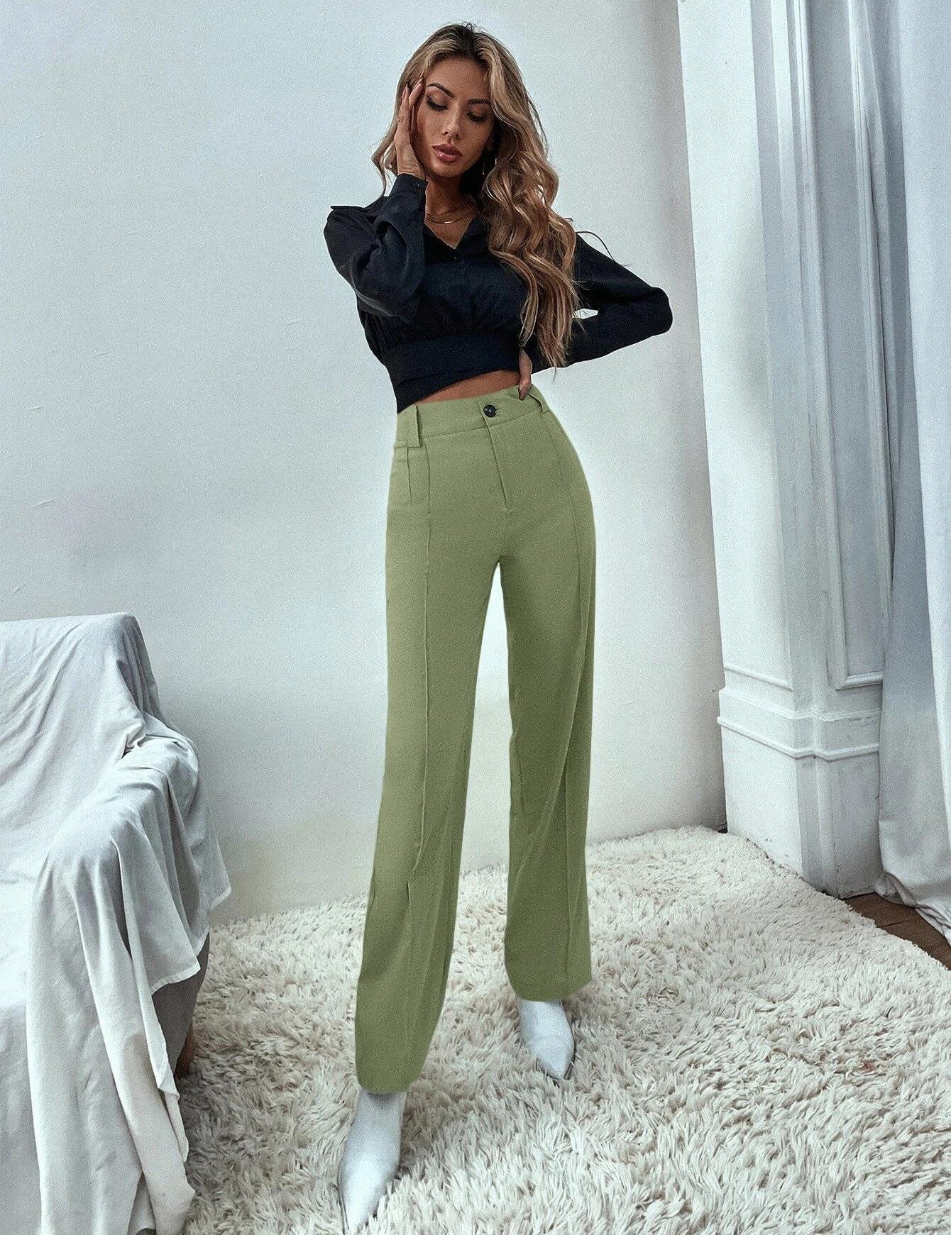 KOTTY Women Polyester Blend Green Solid Trousers