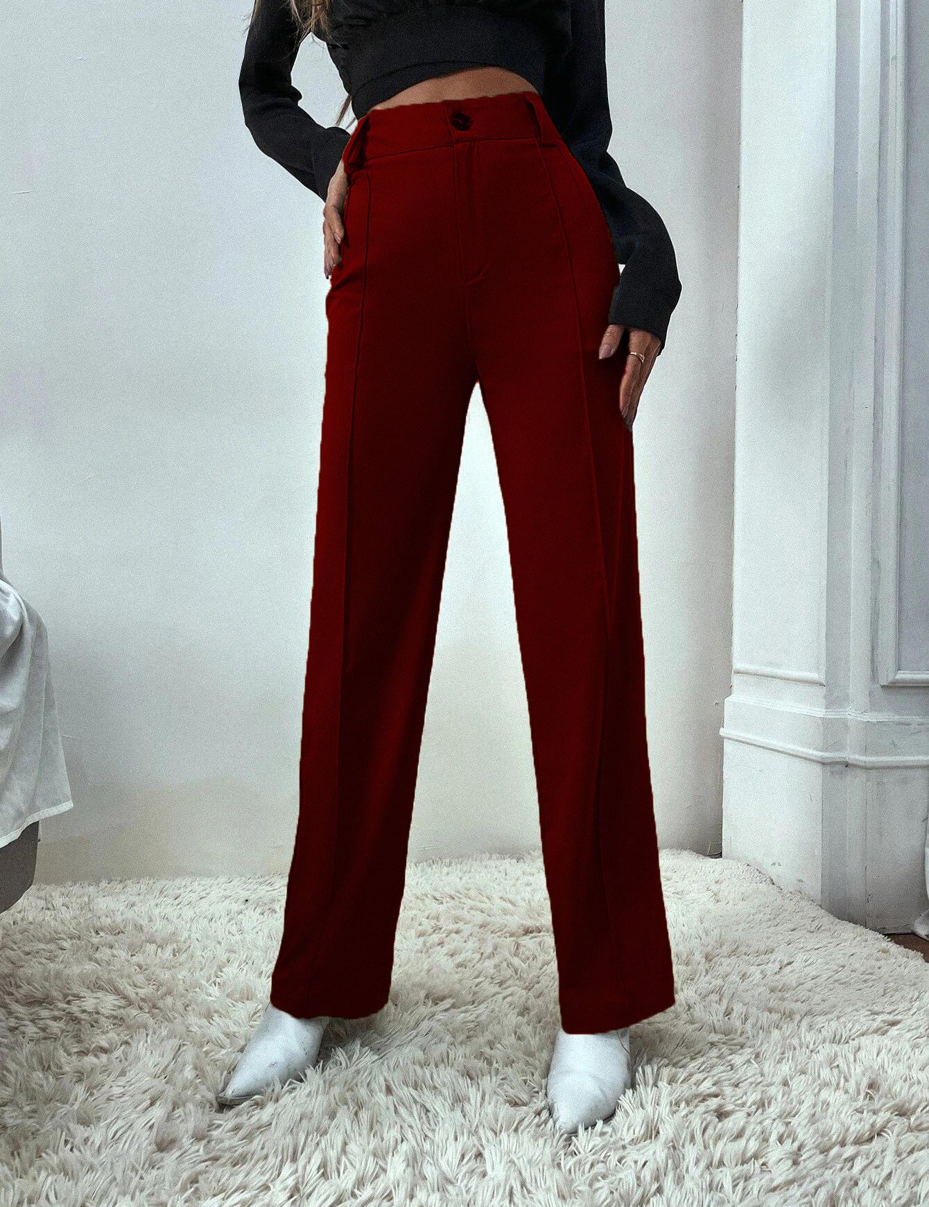 KOTTY Womens Solid Polyester Blend Cherry Maroon Trousers