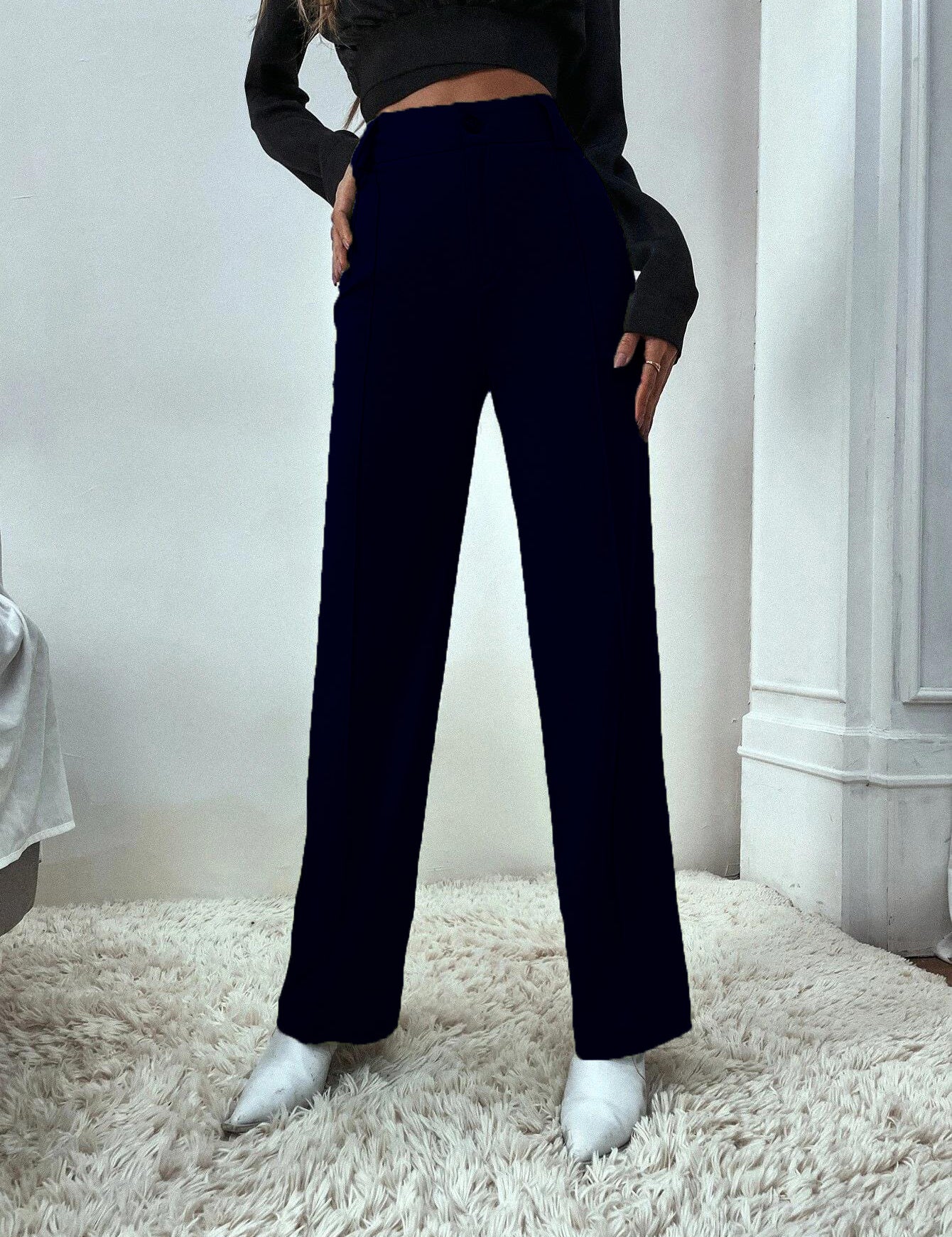 KOTTY Womens Solid Polyester Blend Navy Blue Trousers