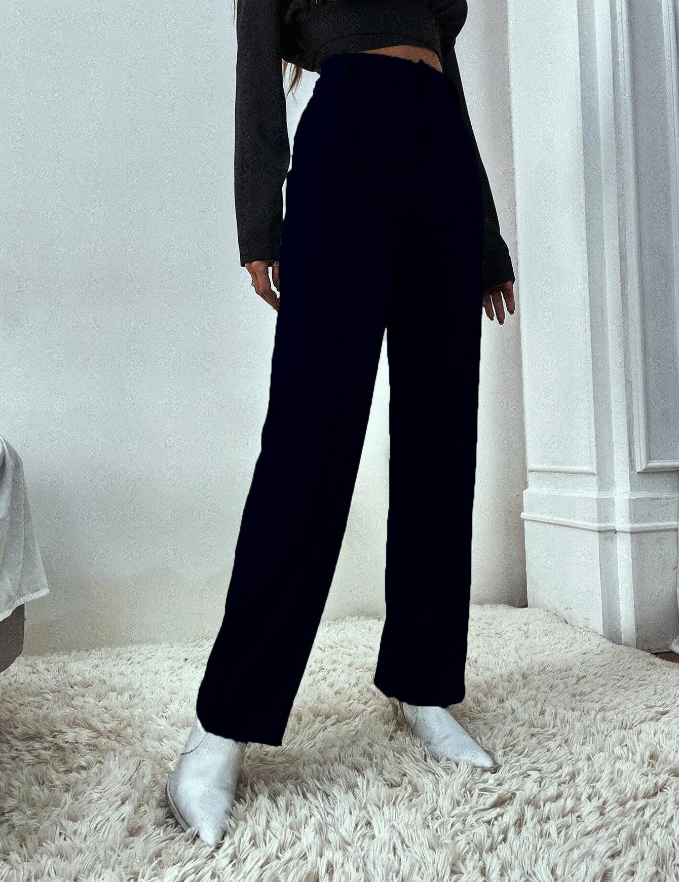 KOTTY Womens Solid Polyester Blend Navy Blue Trousers