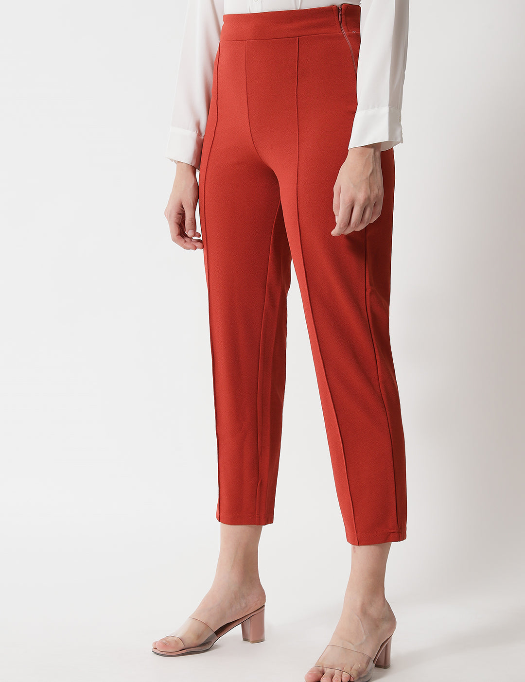 KOTTY Women Solid Polyester Blend Red Orange Trousers