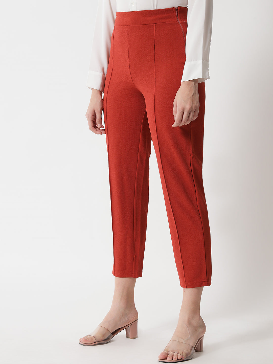 KOTTY Women Solid Polyester Blend Red Orange Trousers