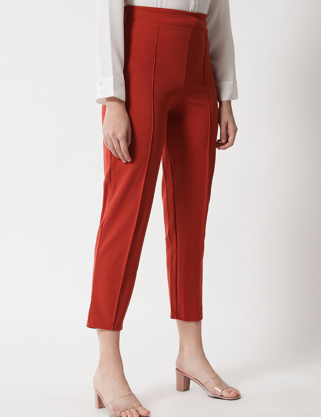 KOTTY Women Solid Polyester Blend Red Orange Trousers