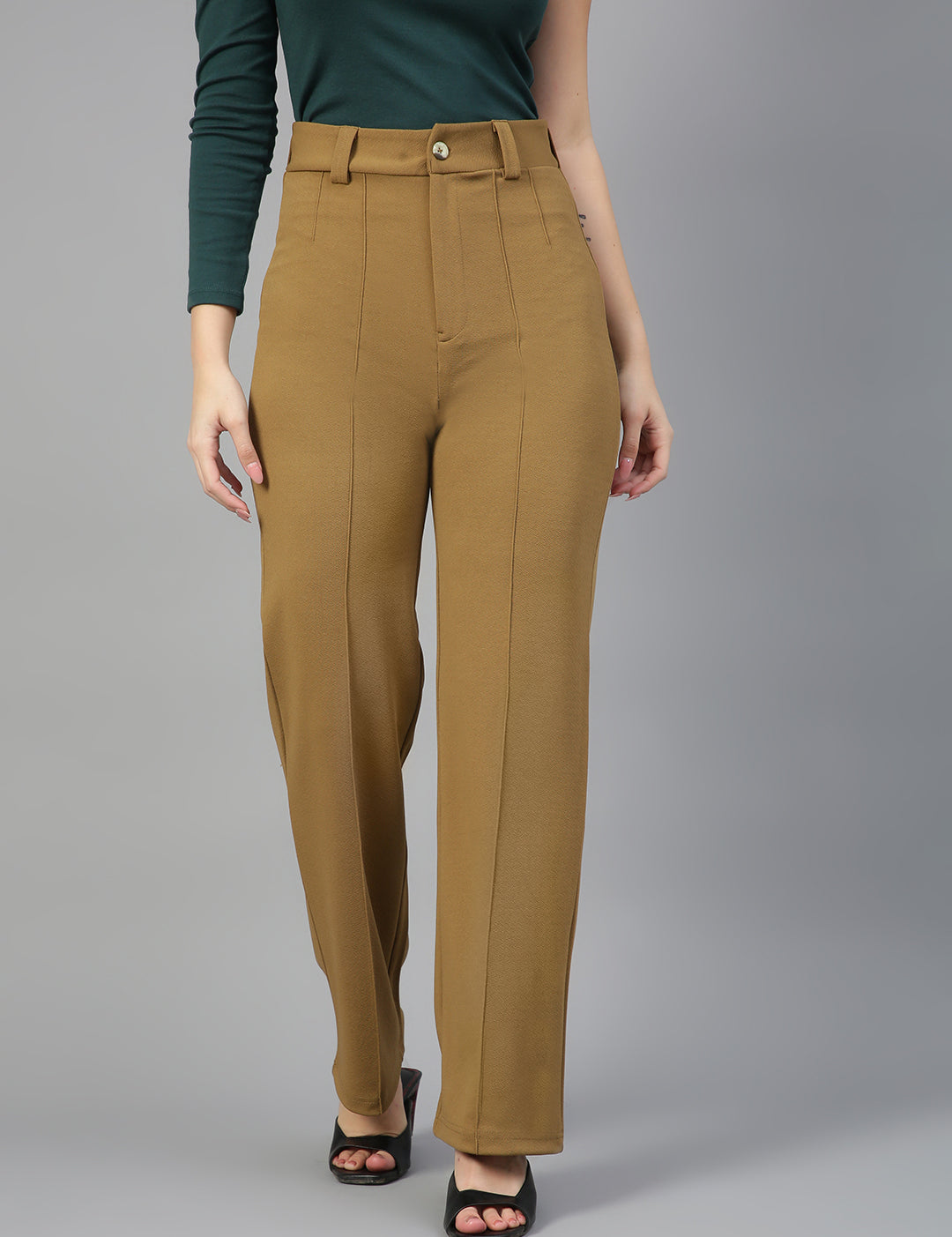 KOTTY Women Solid Polyester Blend Dijon Brown Trouser