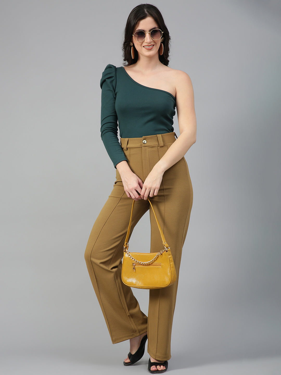 KOTTY Women Solid Polyester Blend Dijon Brown Trouser