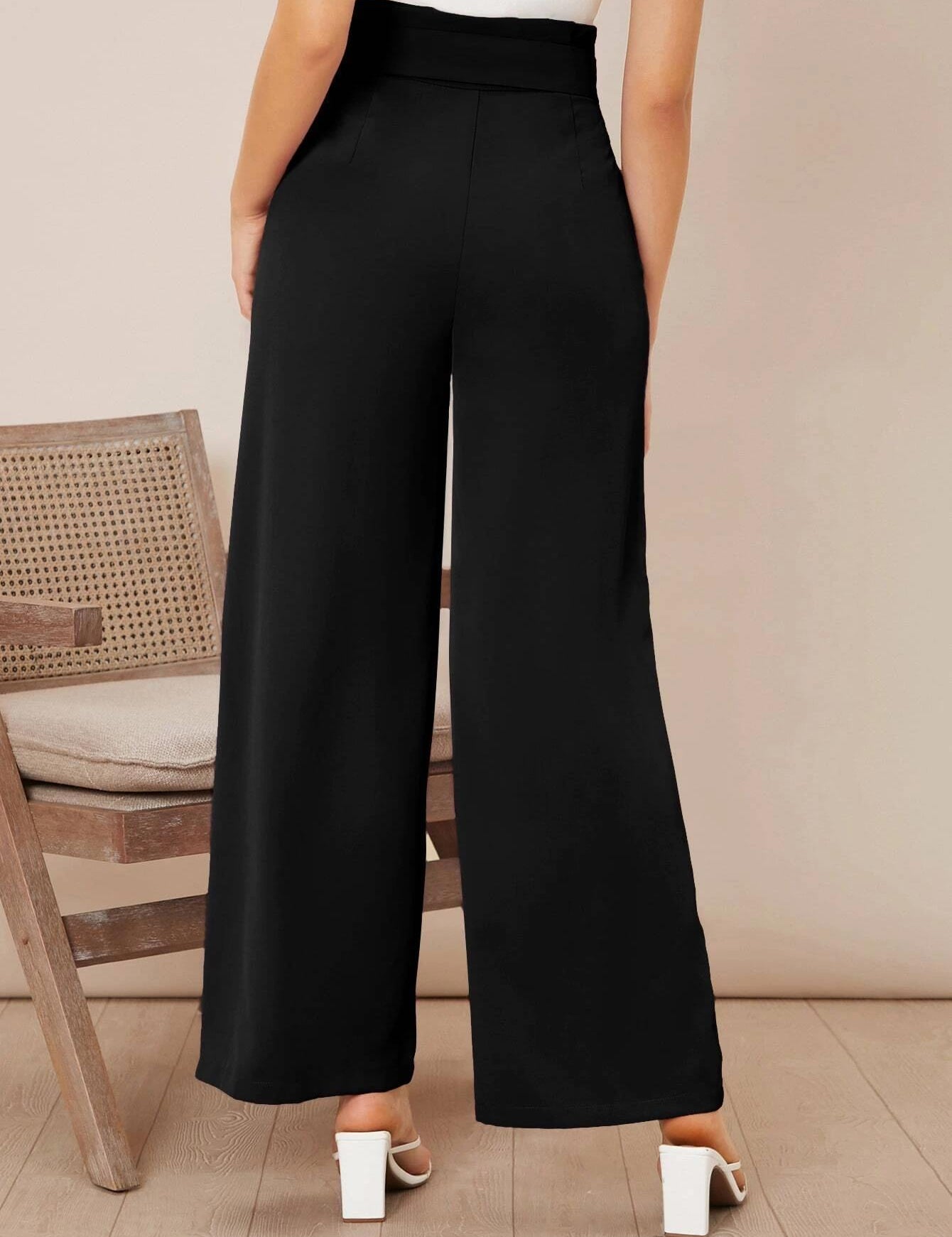 KOTTY Womens High Rise Viscose Rayon Flared Fit Solid Trousers Jet Black