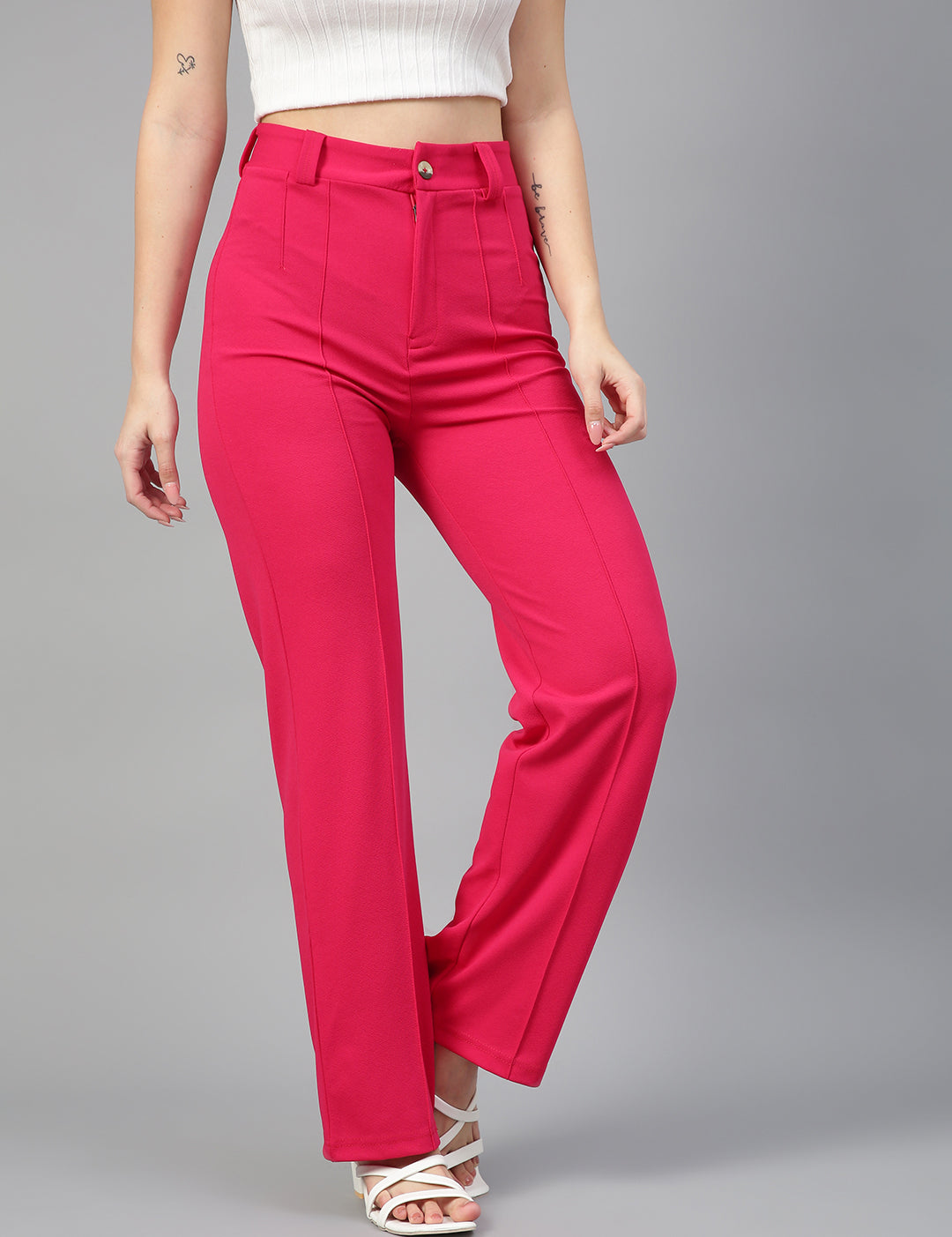KOTTY Womens High Rise Viscose Rayon Solid Trousers Rani Pink