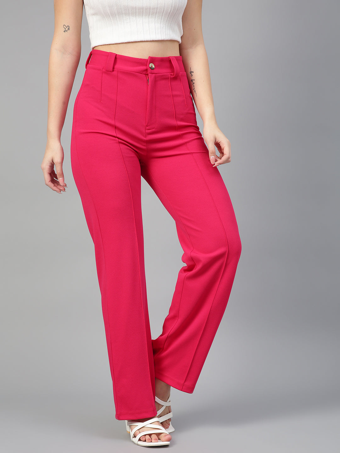 KOTTY Womens High Rise Viscose Rayon Solid Trousers Rani Pink