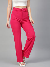 KOTTY Womens High Rise Viscose Rayon Solid Trousers Rani Pink