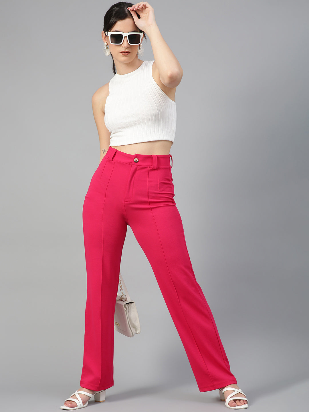 KOTTY Womens High Rise Viscose Rayon Solid Trousers Rani Pink