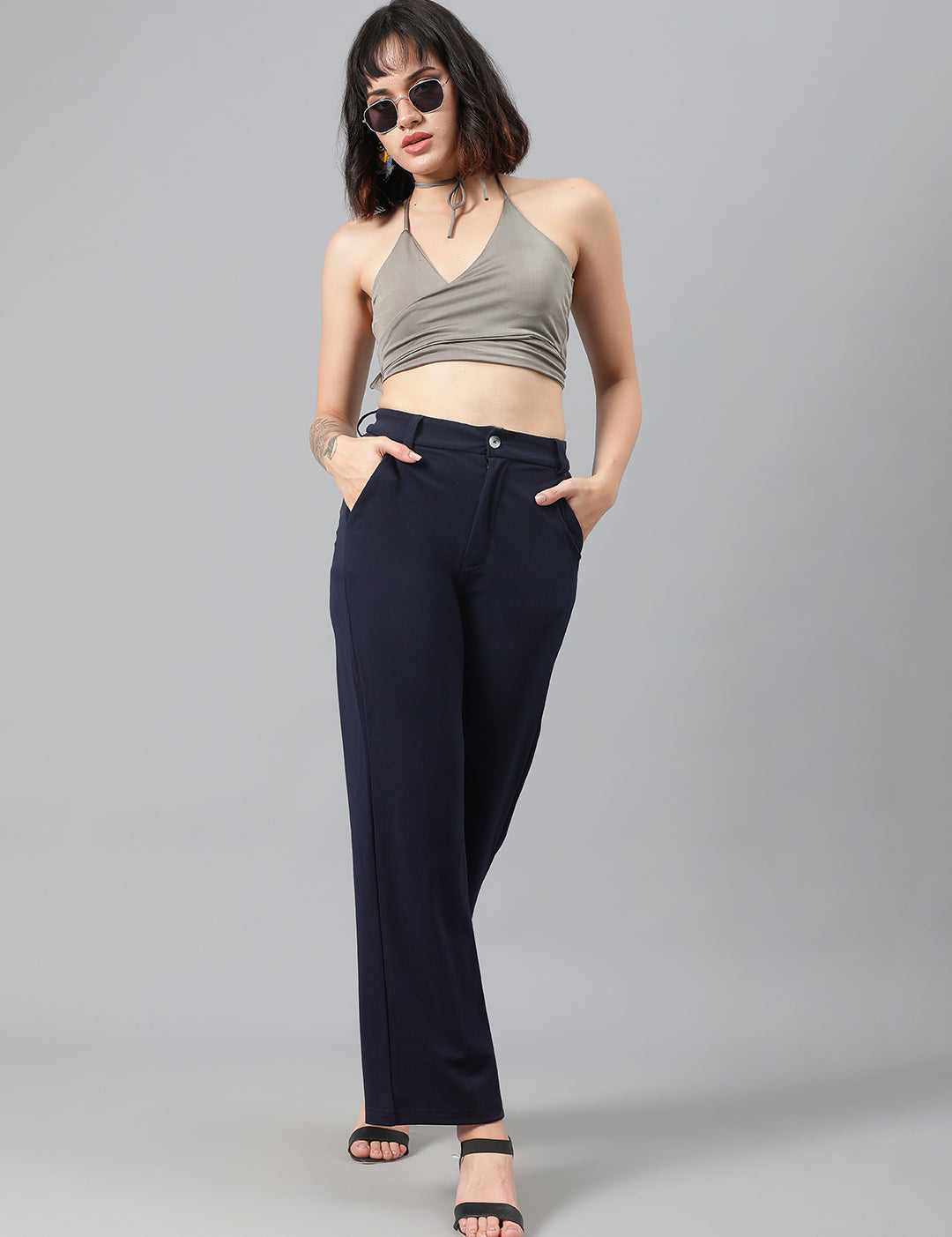 KOTTY Women's High Rise Cotton Blend Relaxed Fit Trousers Navy Blue