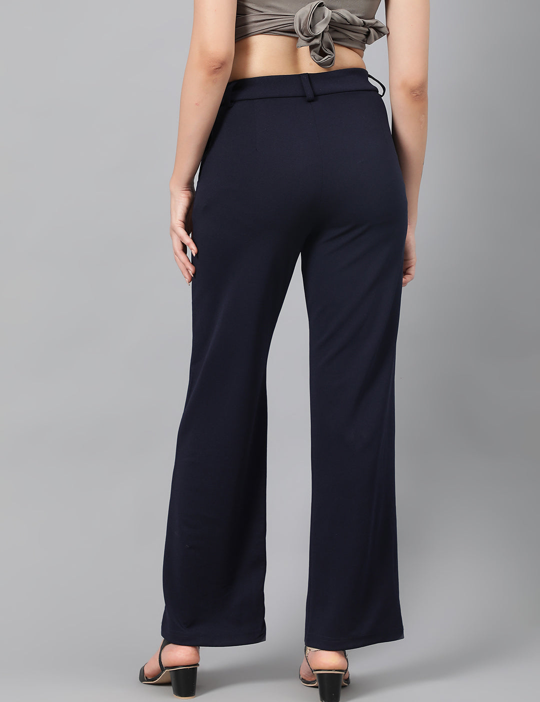 KOTTY Women's High Rise Cotton Blend Relaxed Fit Trousers Navy Blue