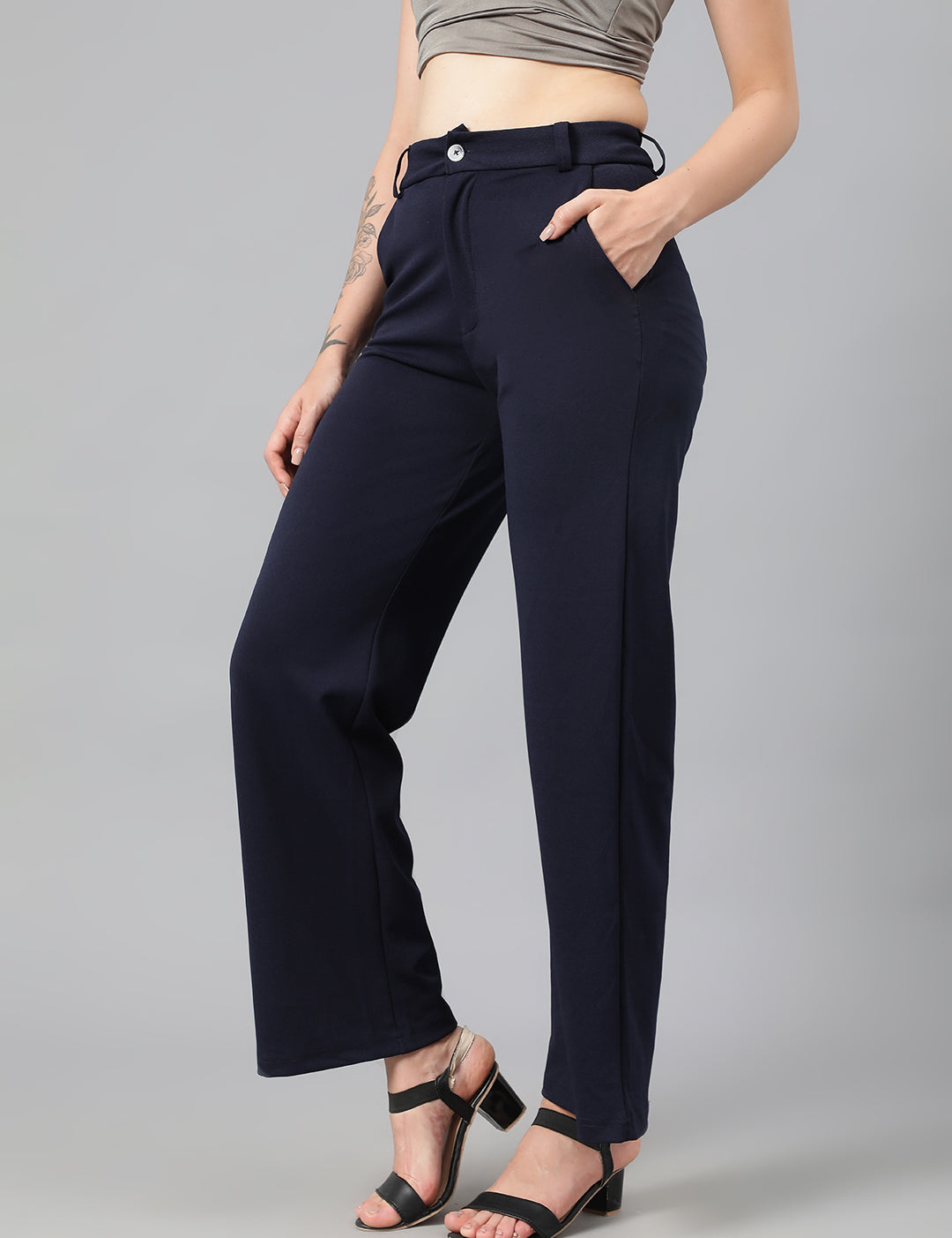 KOTTY Women's High Rise Cotton Blend Relaxed Fit Trousers Navy Blue