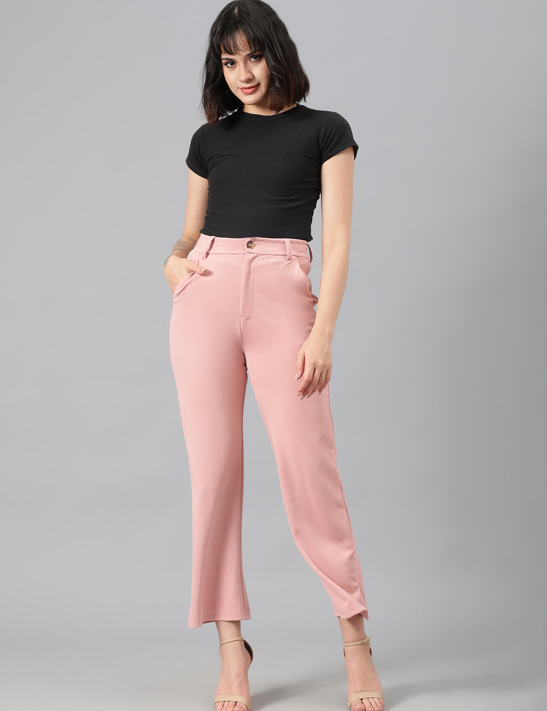 KOTTY Women's High Rise Cotton Blend Relaxed Fit Trousers Peach Pink