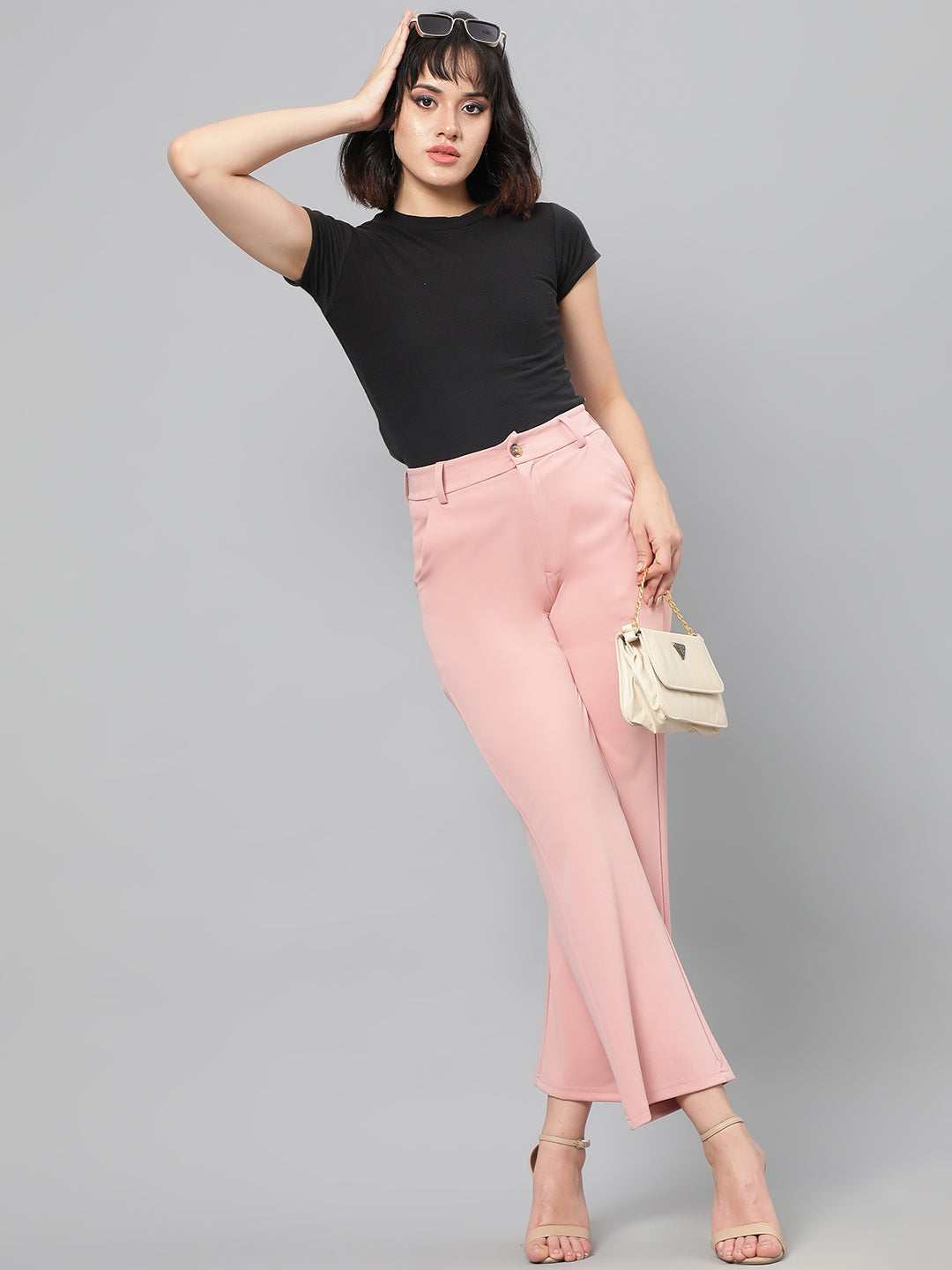 KOTTY Women's High Rise Cotton Blend Relaxed Fit Trousers Peach Pink