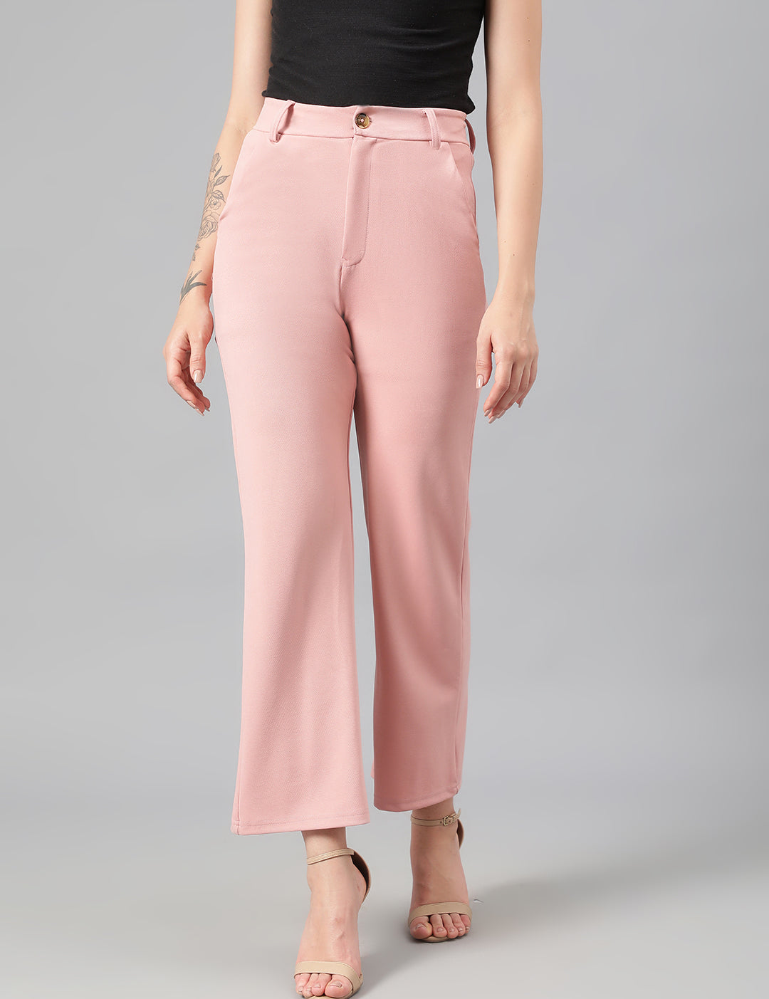 KOTTY Women's High Rise Cotton Blend Relaxed Fit Trousers Peach Pink