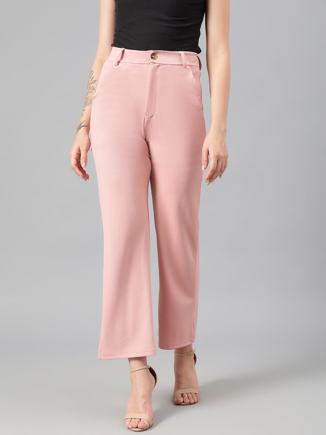 KOTTY Women's High Rise Cotton Blend Relaxed Fit Trousers Peach Pink