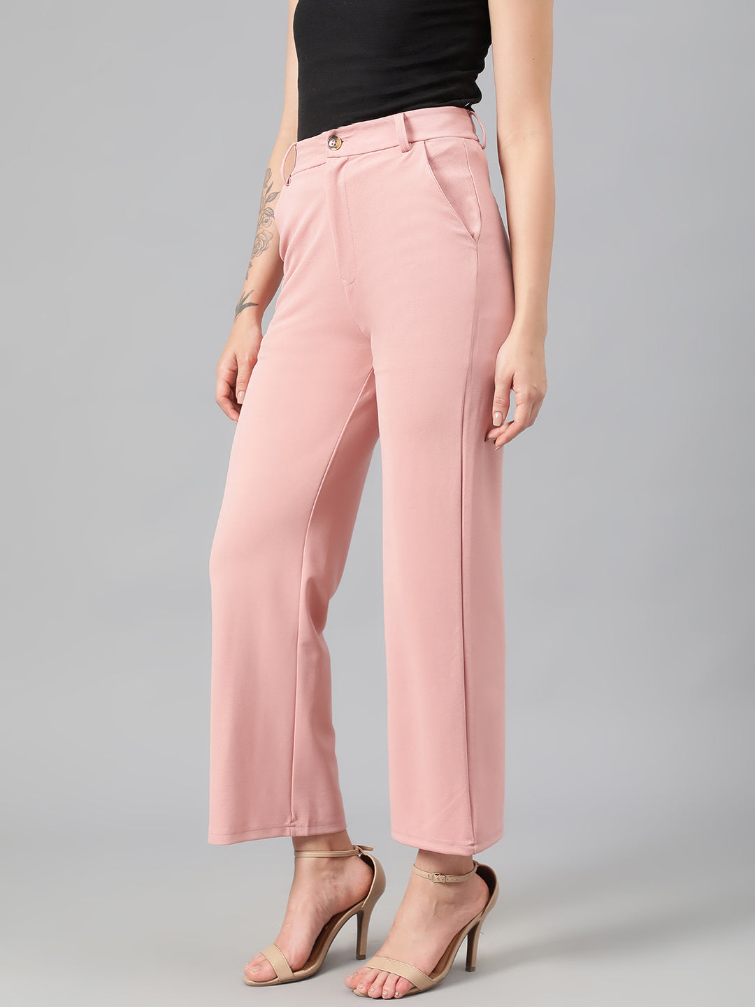 KOTTY Women's High Rise Cotton Blend Relaxed Fit Trousers Peach Pink