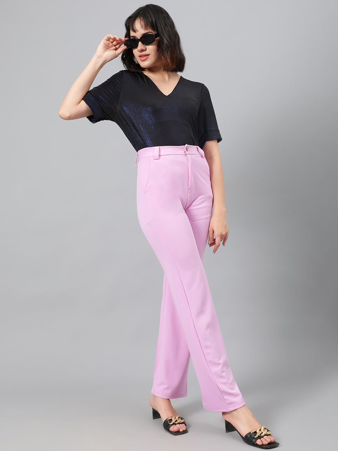 KOTTY Women's High Rise Cotton Blend Relaxed Fit Trousers Lavender Purple