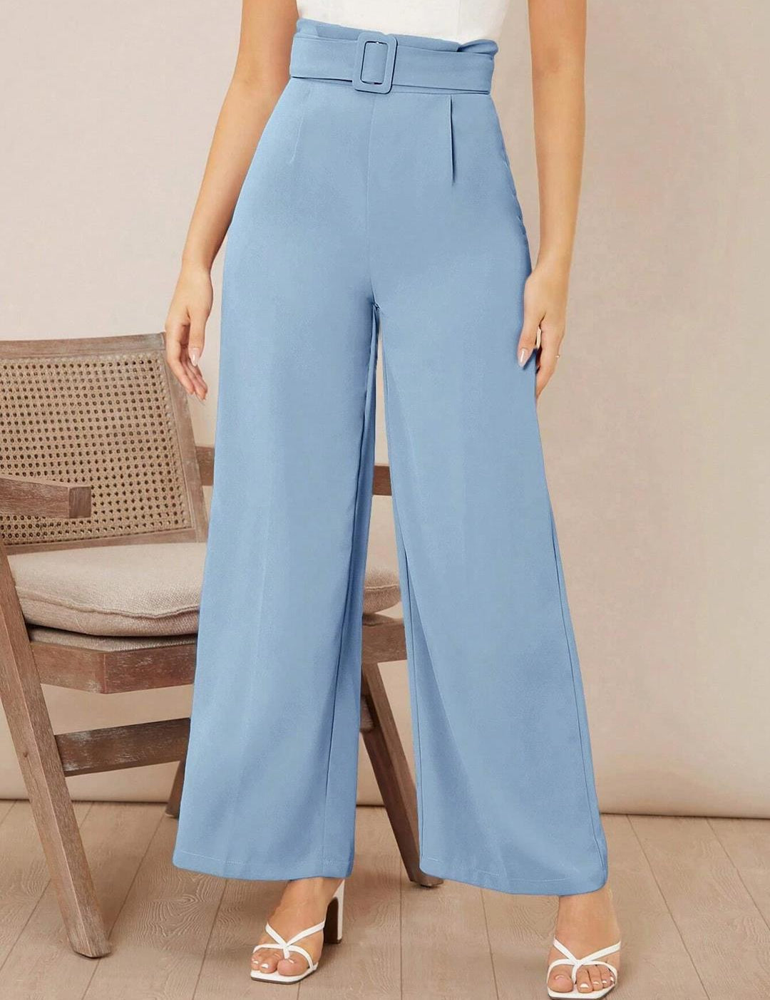 KOTTY Women's High Rise Viscose Rayon Relaxed Fit Korean Trousers Sky Blue
