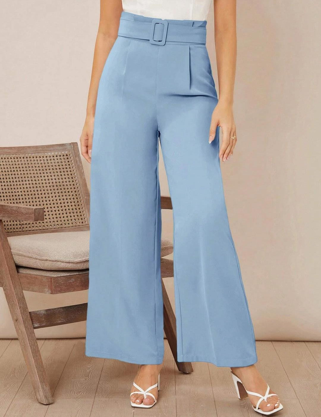 KOTTY Women's High Rise Viscose Rayon Relaxed Fit Korean Trousers Sky Blue