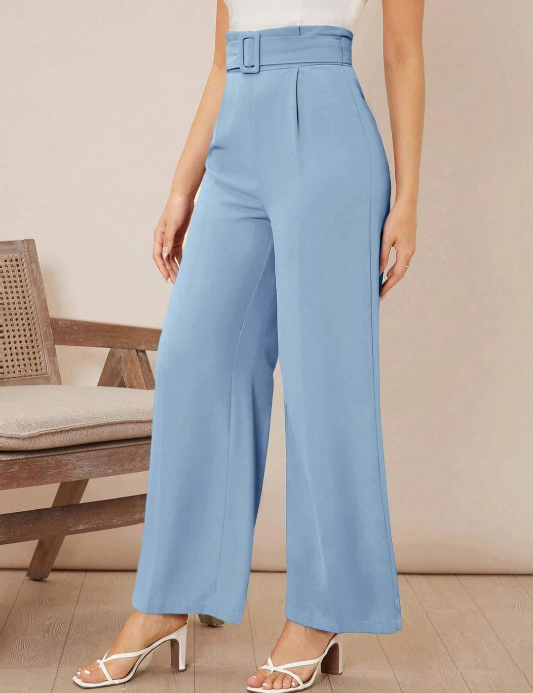 KOTTY Women's High Rise Viscose Rayon Relaxed Fit Korean Trousers Sky Blue