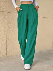 KOTTY Women's Cotton Blend Straight Fit Cross Pocket Solid Trousers Teal Green