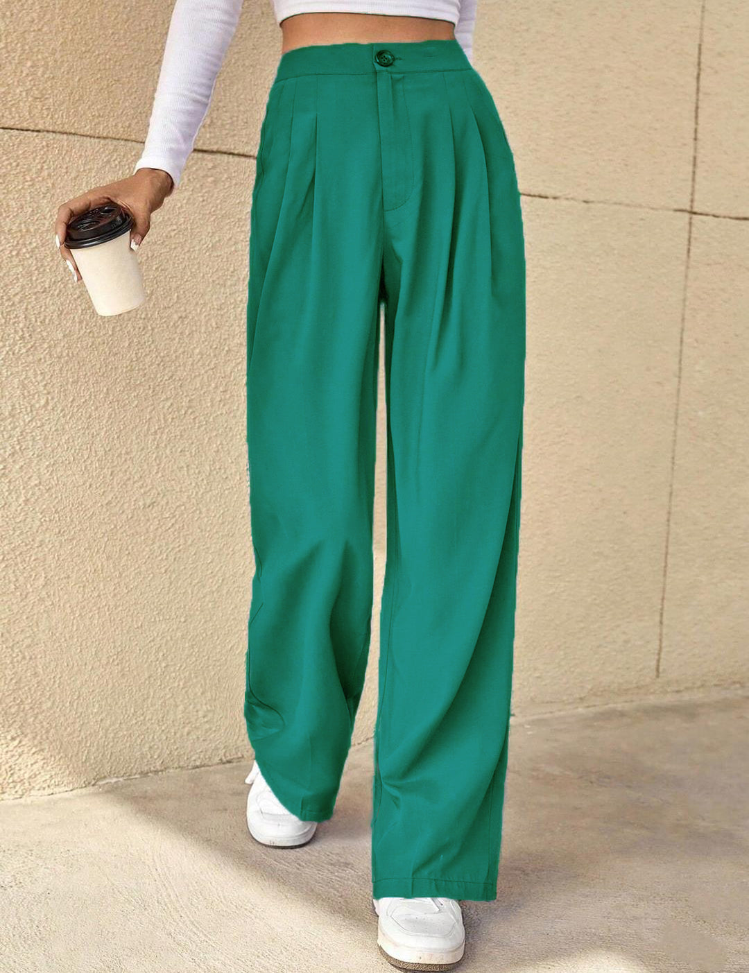 KOTTY Women's Cotton Blend Straight Fit Cross Pocket Solid Trousers Teal Green