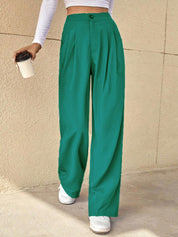 KOTTY Women's Cotton Blend Straight Fit Cross Pocket Solid Trousers Teal Green