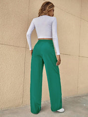 KOTTY Women's Cotton Blend Straight Fit Cross Pocket Solid Trousers Teal Green