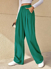 KOTTY Women's Cotton Blend Straight Fit Cross Pocket Solid Trousers Teal Green